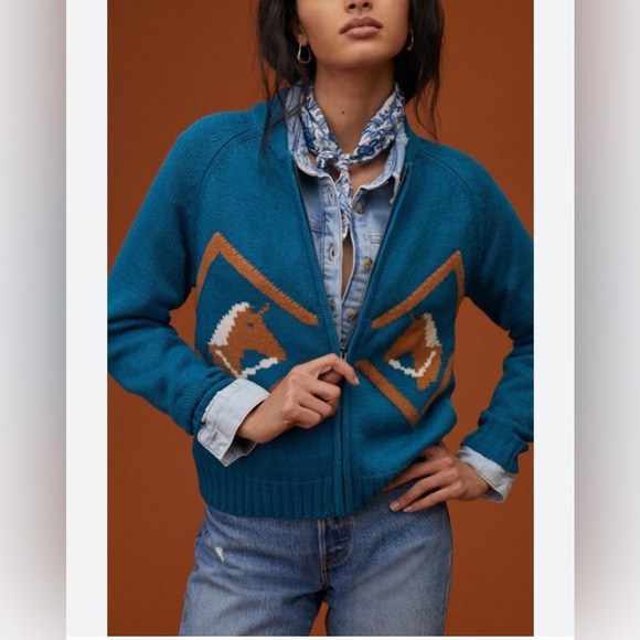 Anthropologie Sweaters - Anthropologie X Tiny Teal Horse Patterned Zip Up Cardigan EUC